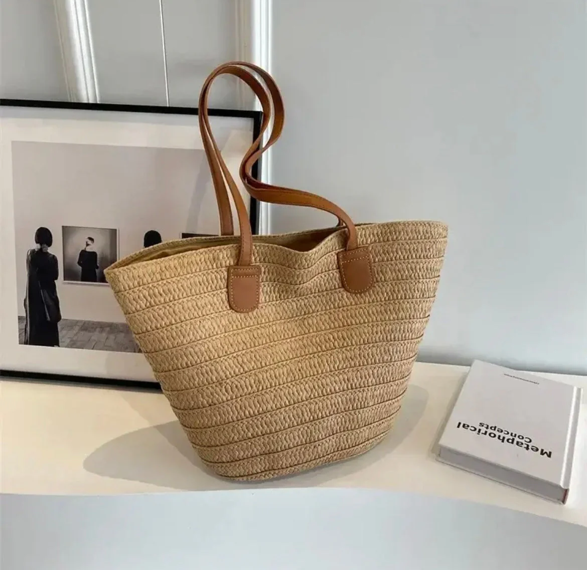 Ada | Women’s Summer Straw Beach Bag with Leather Straps - Image 6