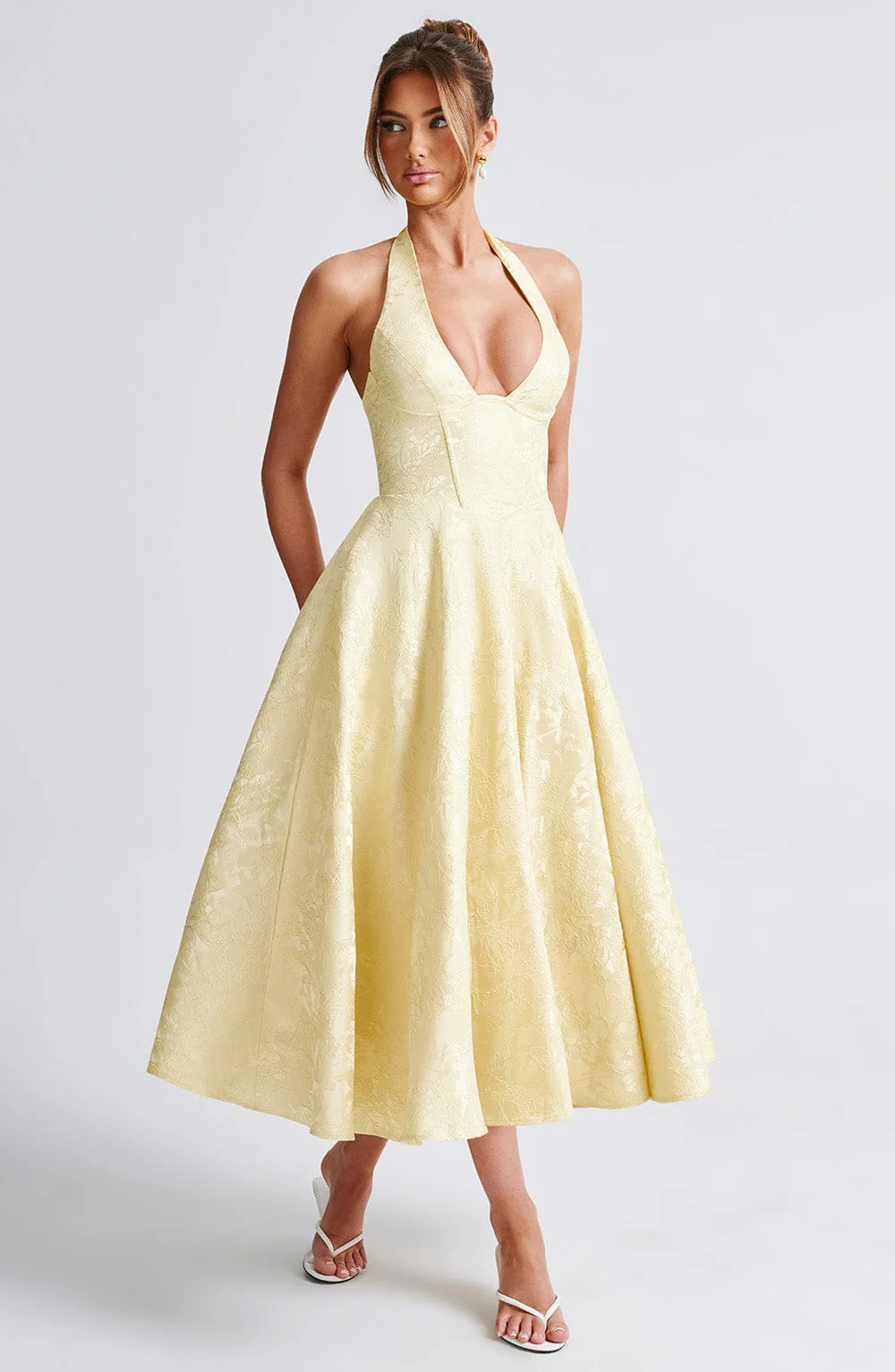 Celeste | Women’s Elegant Midi Halter Wedding Guest Dress with Plunge Neckline - Image 10