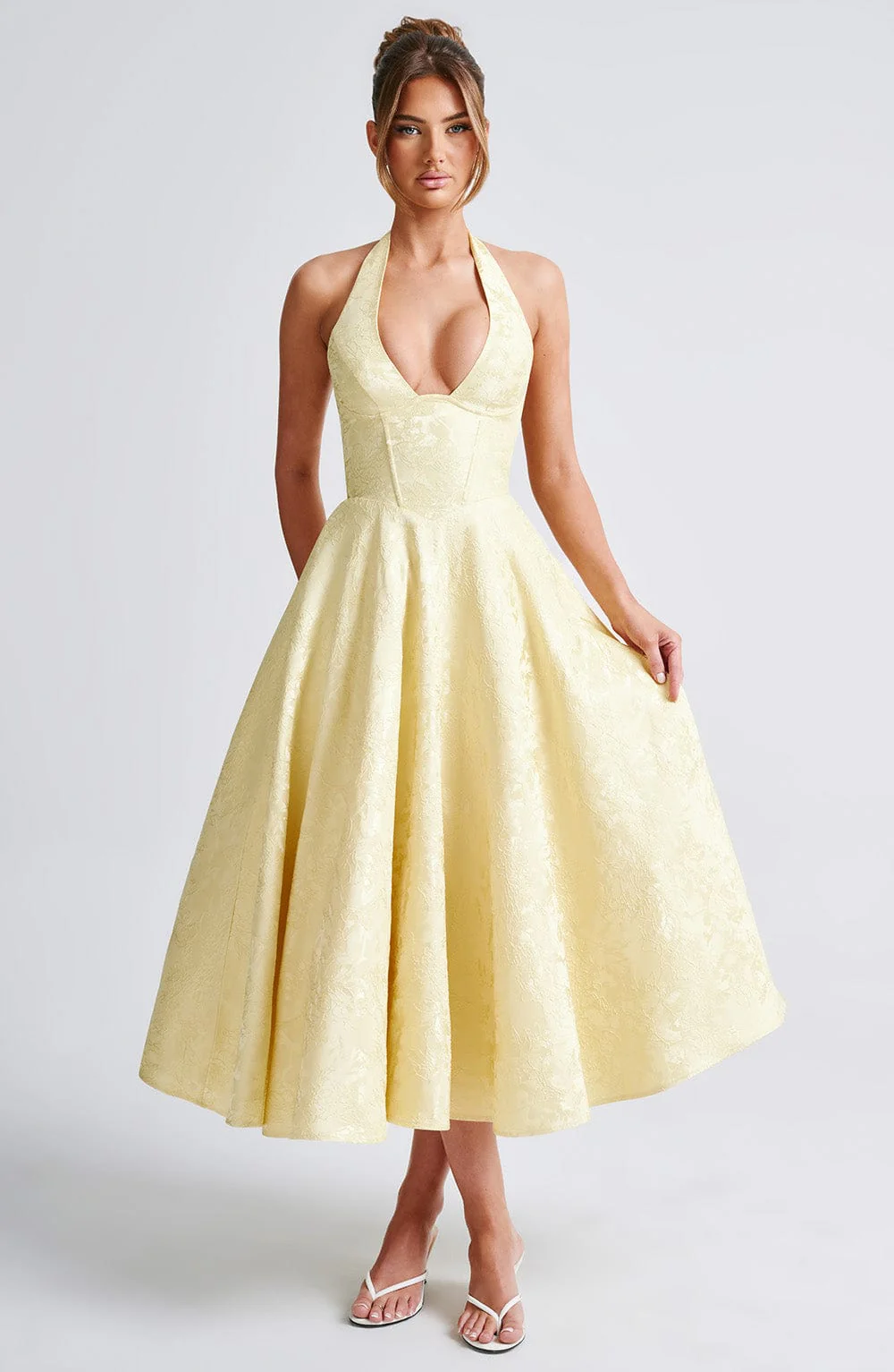 Celeste | Women’s Elegant Midi Halter Wedding Guest Dress with Plunge Neckline - Image 11