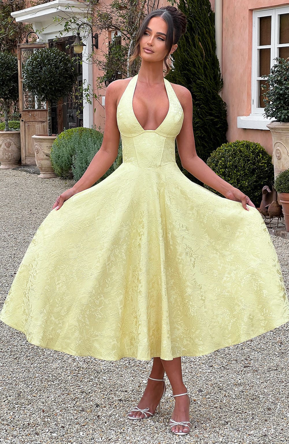 Celeste | Women’s Elegant Midi Halter Wedding Guest Dress with Plunge Neckline - Image 15