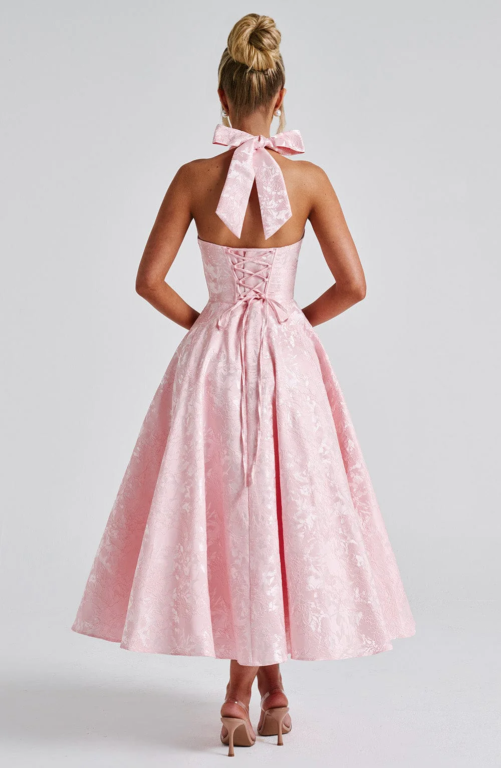 Celeste | Women’s Elegant Midi Halter Wedding Guest Dress with Plunge Neckline - Image 3