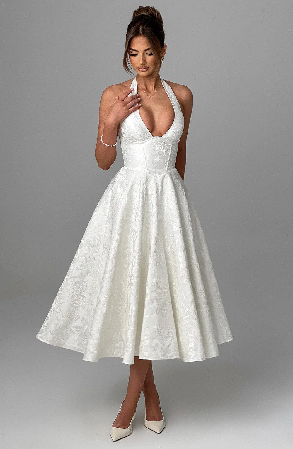 Celeste | Women’s Elegant Midi Halter Wedding Guest Dress with Plunge Neckline - Image 4
