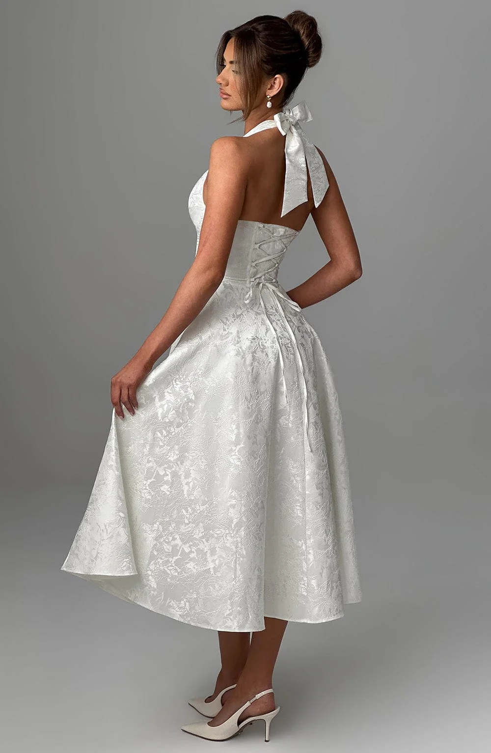 Celeste | Women’s Elegant Midi Halter Wedding Guest Dress with Plunge Neckline - Image 5