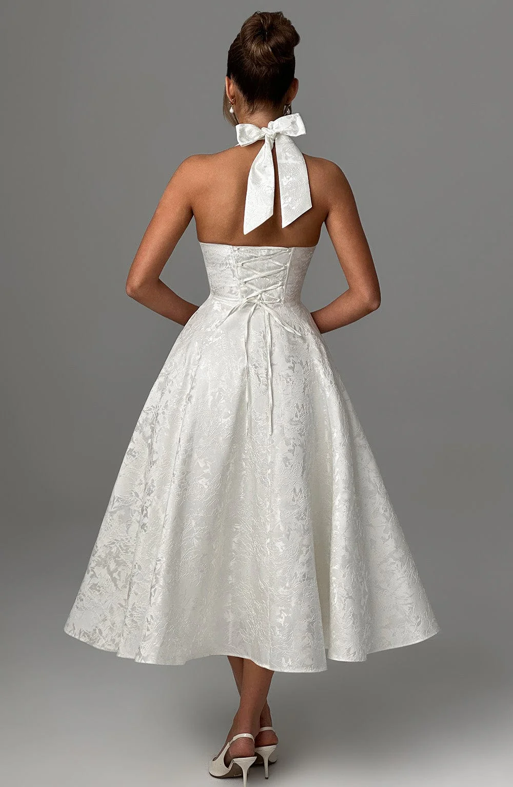 Celeste | Women’s Elegant Midi Halter Wedding Guest Dress with Plunge Neckline - Image 6