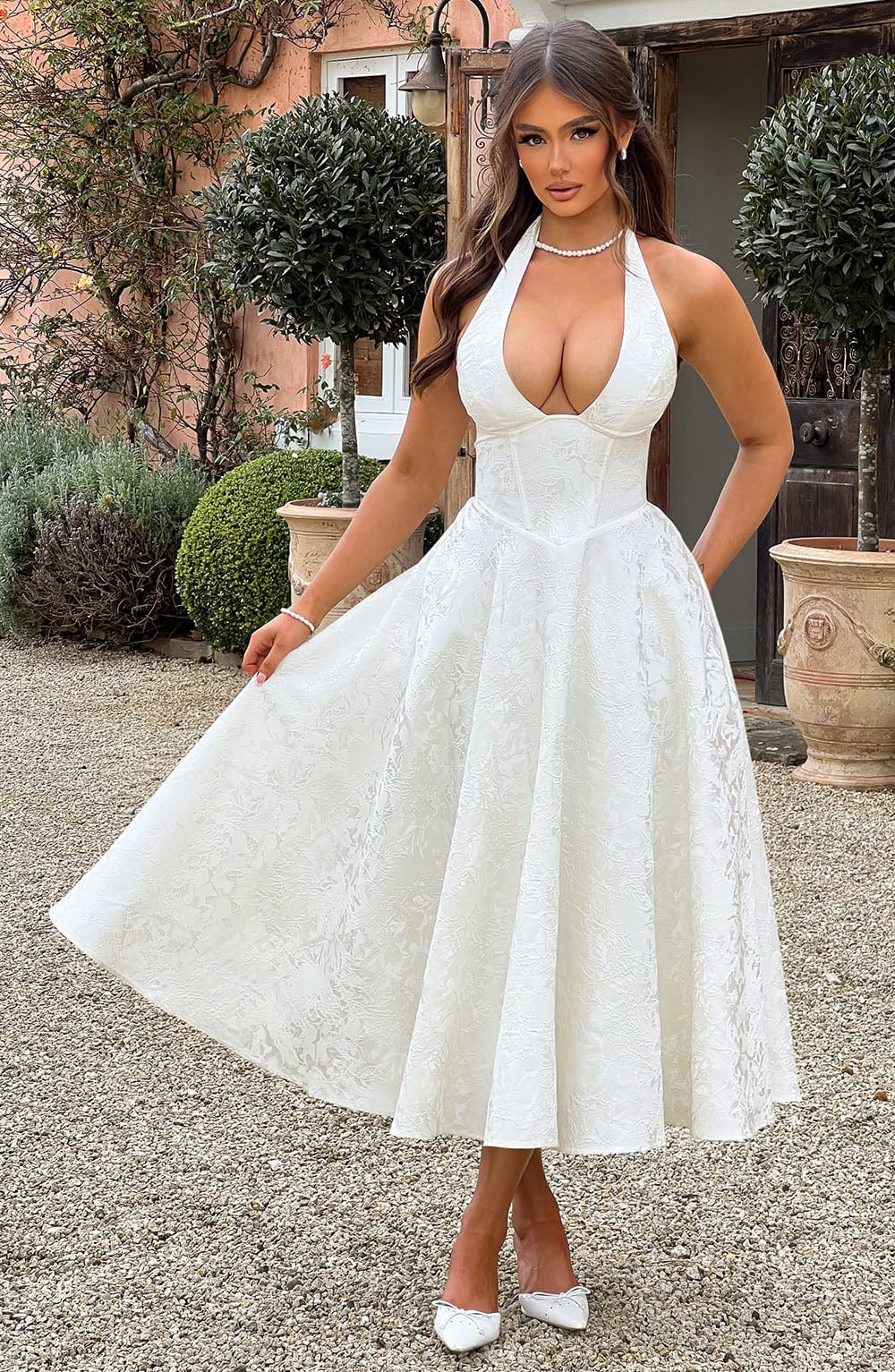 Celeste | Women’s Elegant Midi Halter Wedding Guest Dress with Plunge Neckline - Image 7