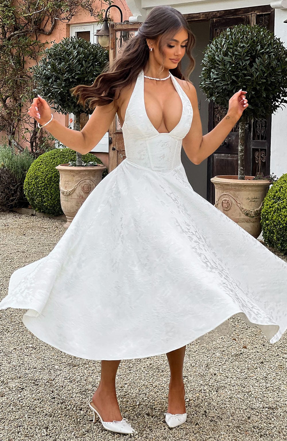 Celeste | Women’s Elegant Midi Halter Wedding Guest Dress with Plunge Neckline - Image 8