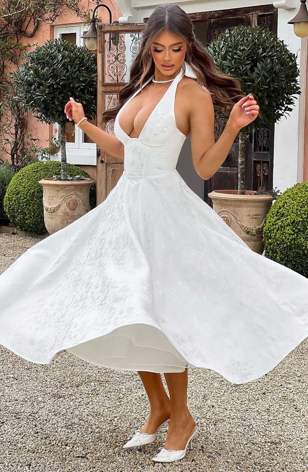 Celeste | Women’s Elegant Midi Halter Wedding Guest Dress with Plunge Neckline - Image 9