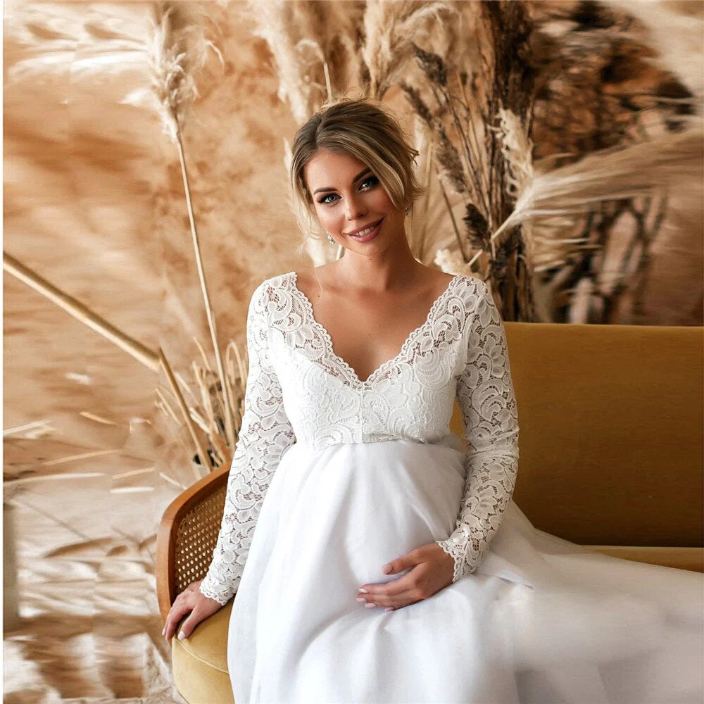Daisy | Women’s Elegant Maternity Maxi Wedding Dress with Lace Sleeves - Image 3