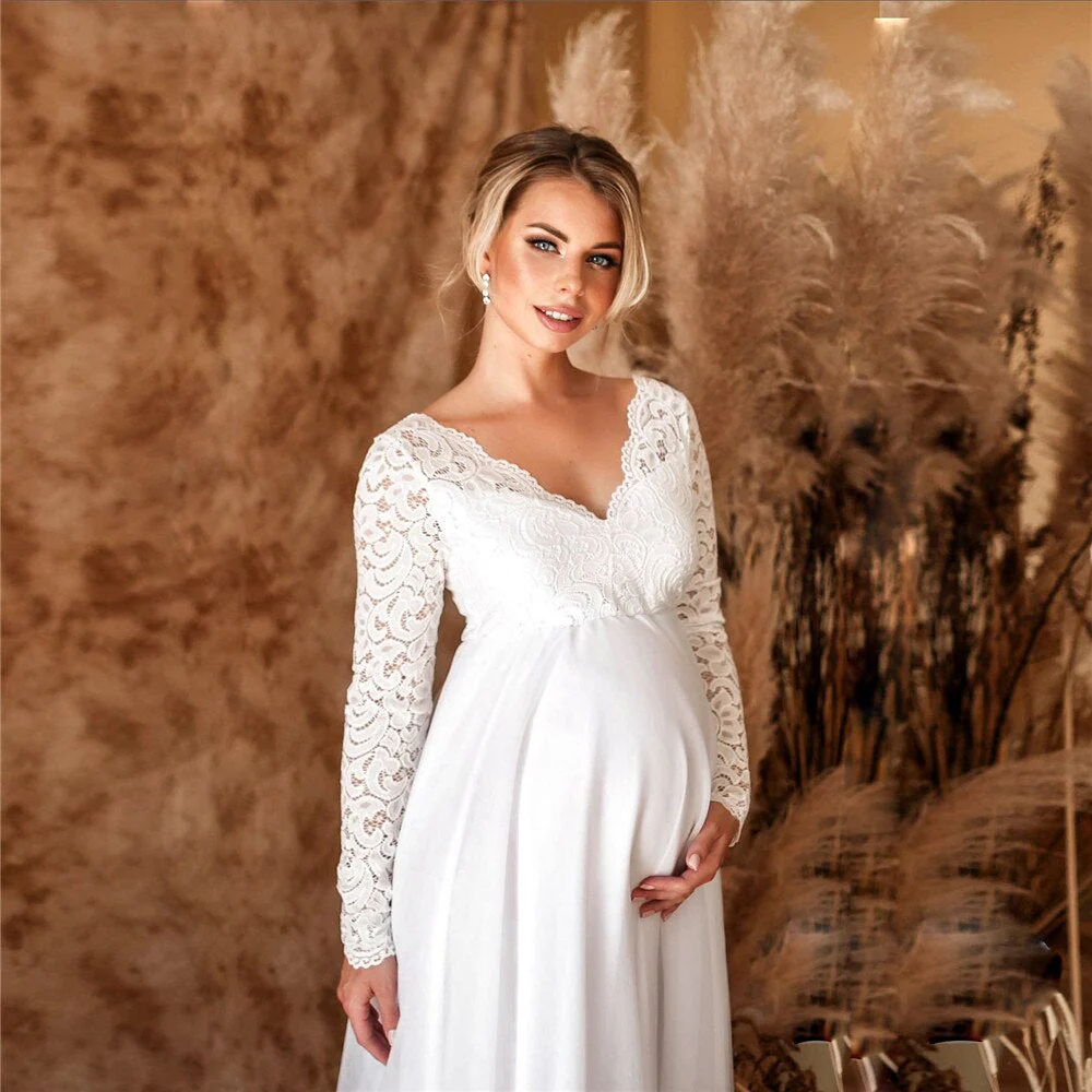 Daisy | Women’s Elegant Maternity Maxi Wedding Dress with Lace Sleeves - Image 4