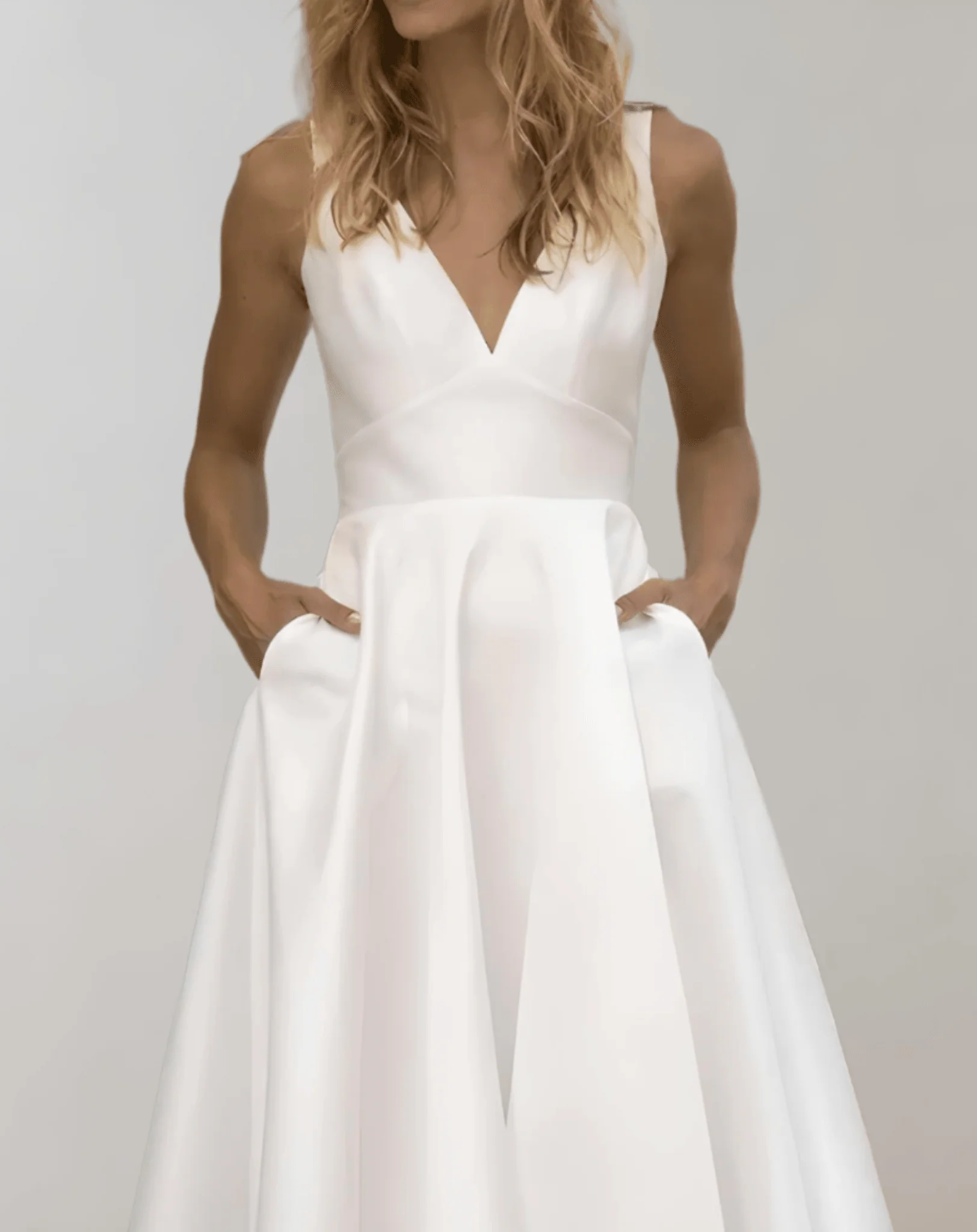 Esme | Women’s Minimal White Midi Wedding Dress with Side Pockets - Image 4