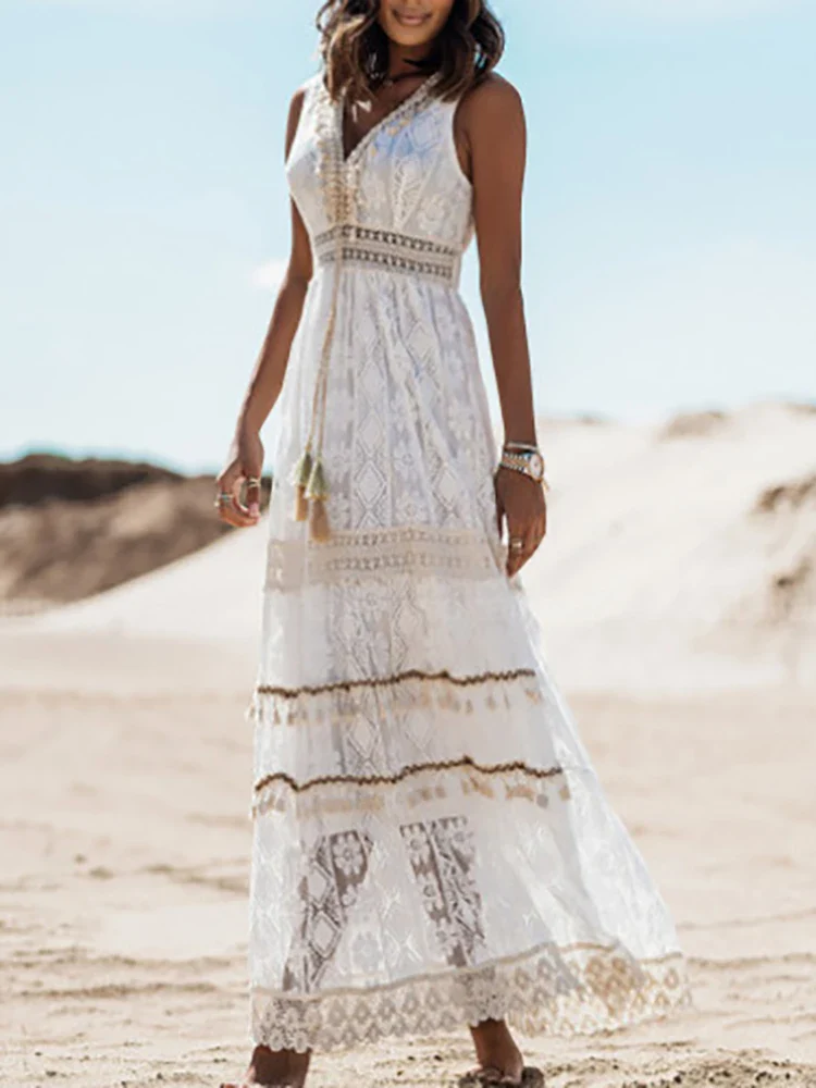 Evie | Women’s Stylish Boho Maxi Summer Dress with Lace Trim - Image 4