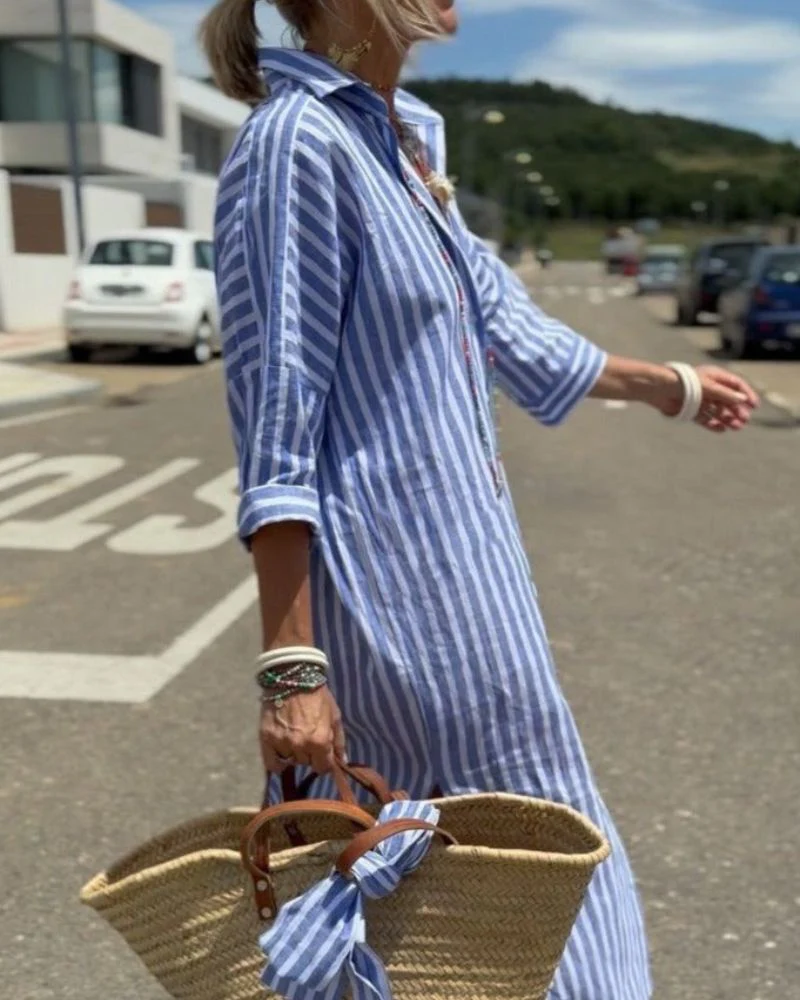 Grace | Women’s Casual Striped Midi Summer Dress with Button Front - Image 3