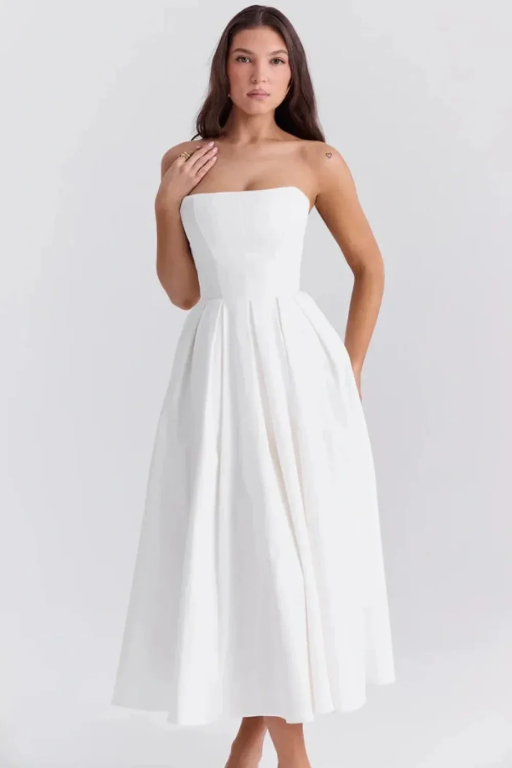 Hannah | Women’s Elegant Strapless Midi Wedding Dress with Pleated Skirt - Image 3