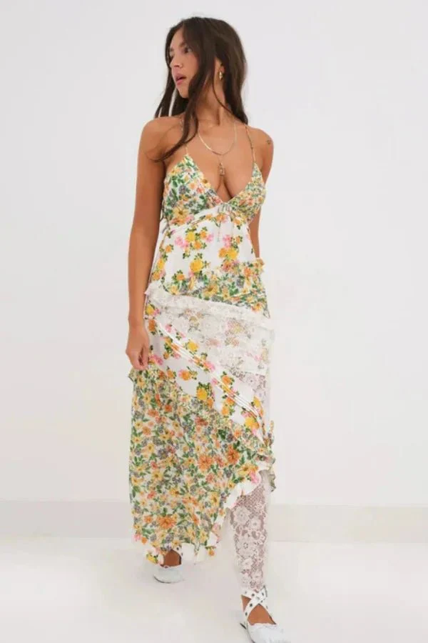 Maria | Women’s Elegant Floral Maxi Wedding Guest Dress with Lace Panel