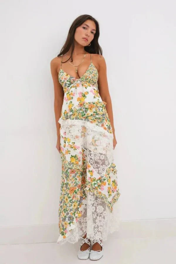 Maria | Women’s Elegant Floral Maxi Wedding Guest Dress with Lace Panel - Image 2