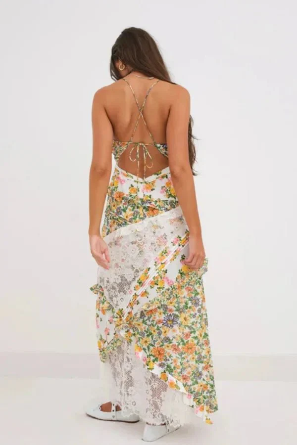 Maria | Women’s Elegant Floral Maxi Wedding Guest Dress with Lace Panel - Image 3