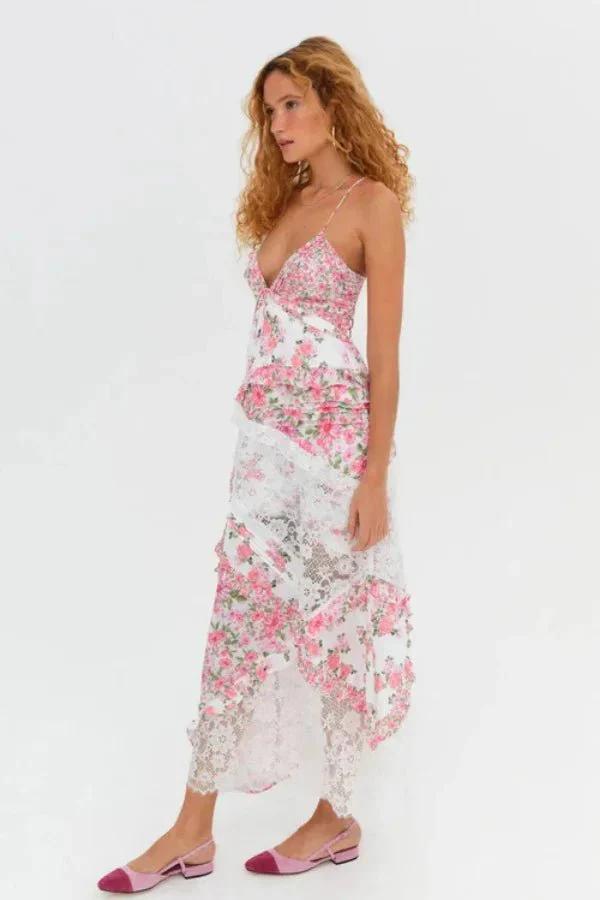 Maria | Women’s Elegant Floral Maxi Wedding Guest Dress with Lace Panel - Image 6