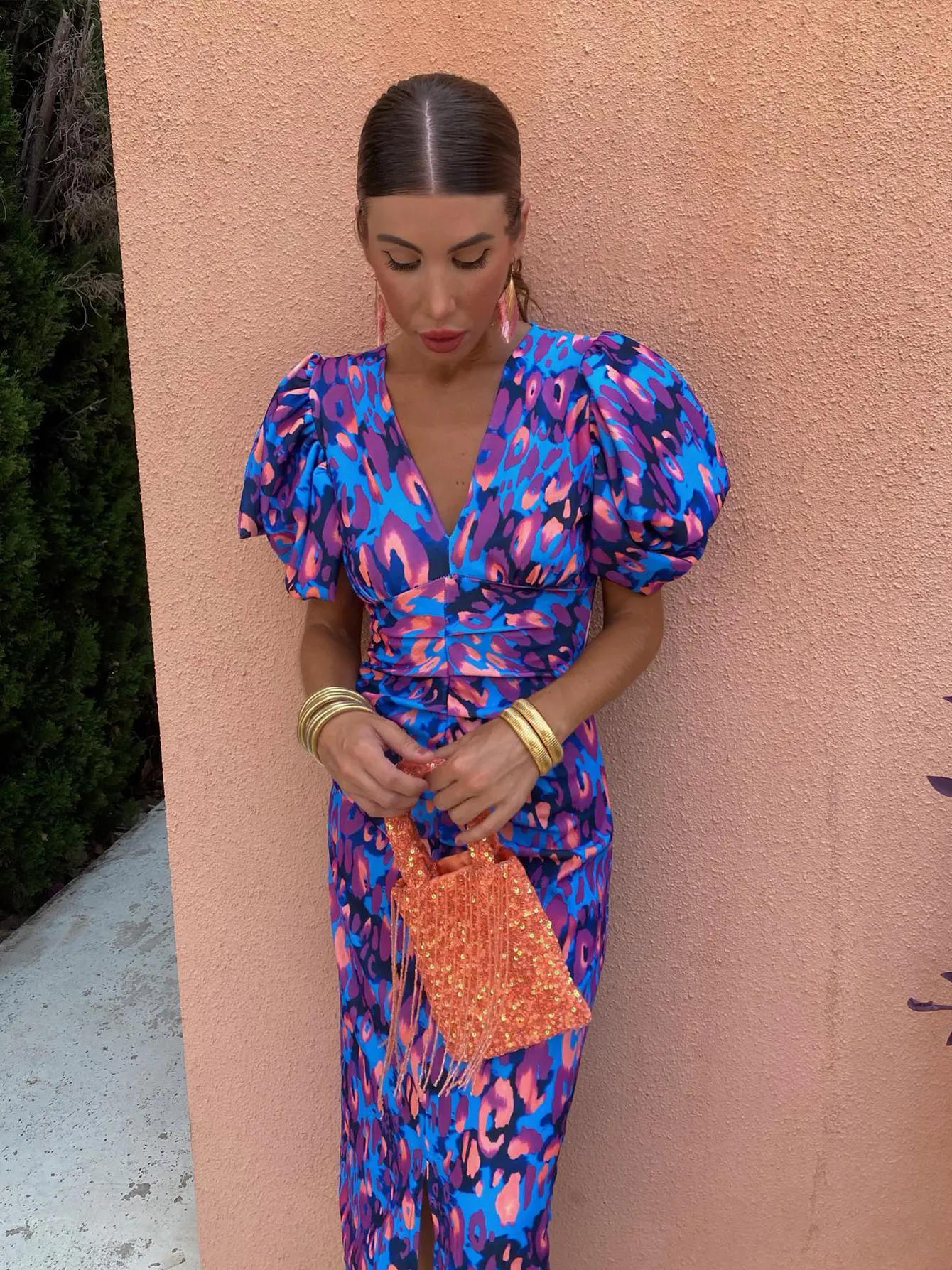 Poppy | Women’s Elegant Floral Printed Midi Summer Dress with Puff Sleeves - Image 3