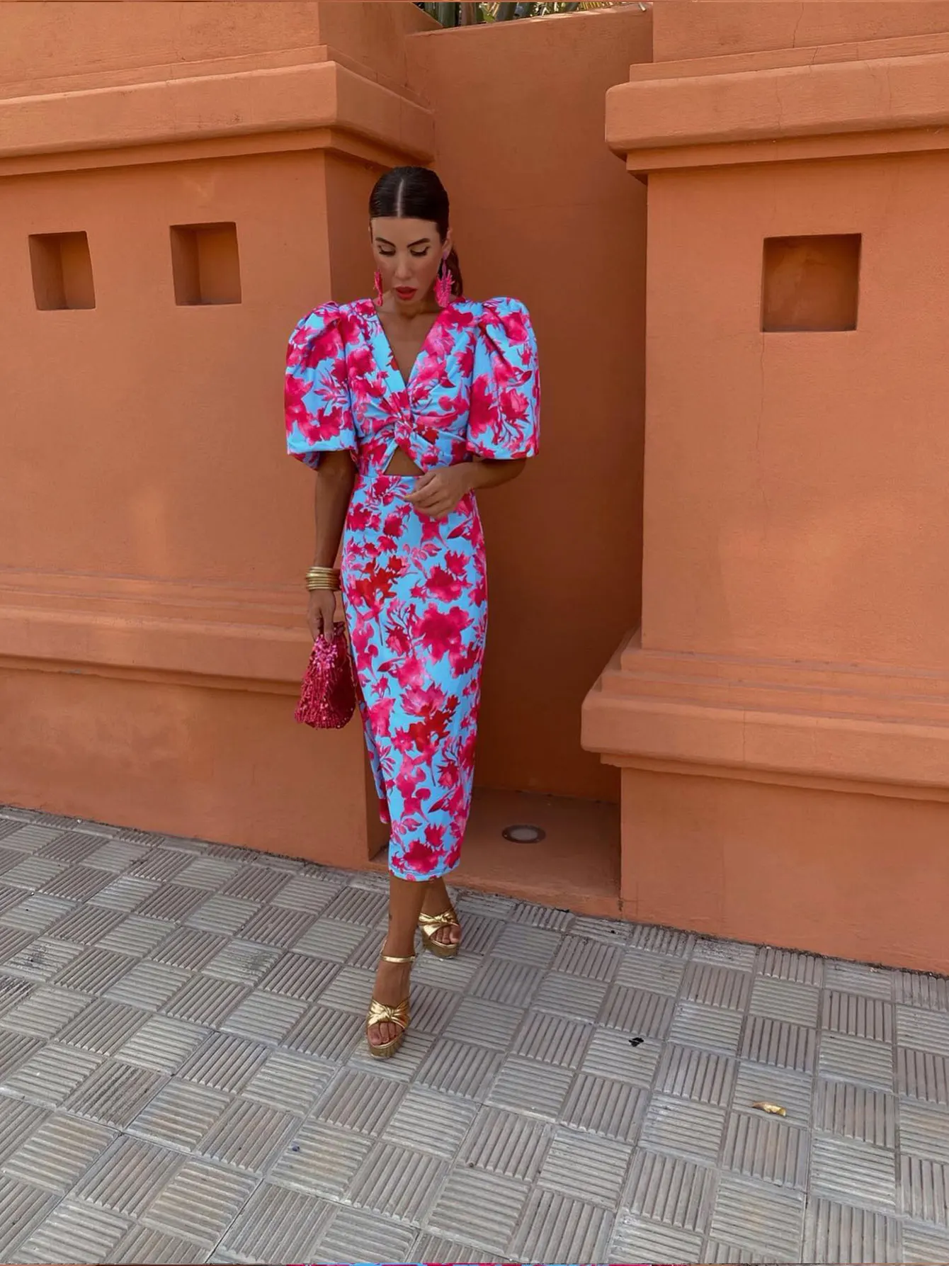 Poppy | Women’s Elegant Floral Printed Midi Summer Dress with Puff Sleeves - Image 6