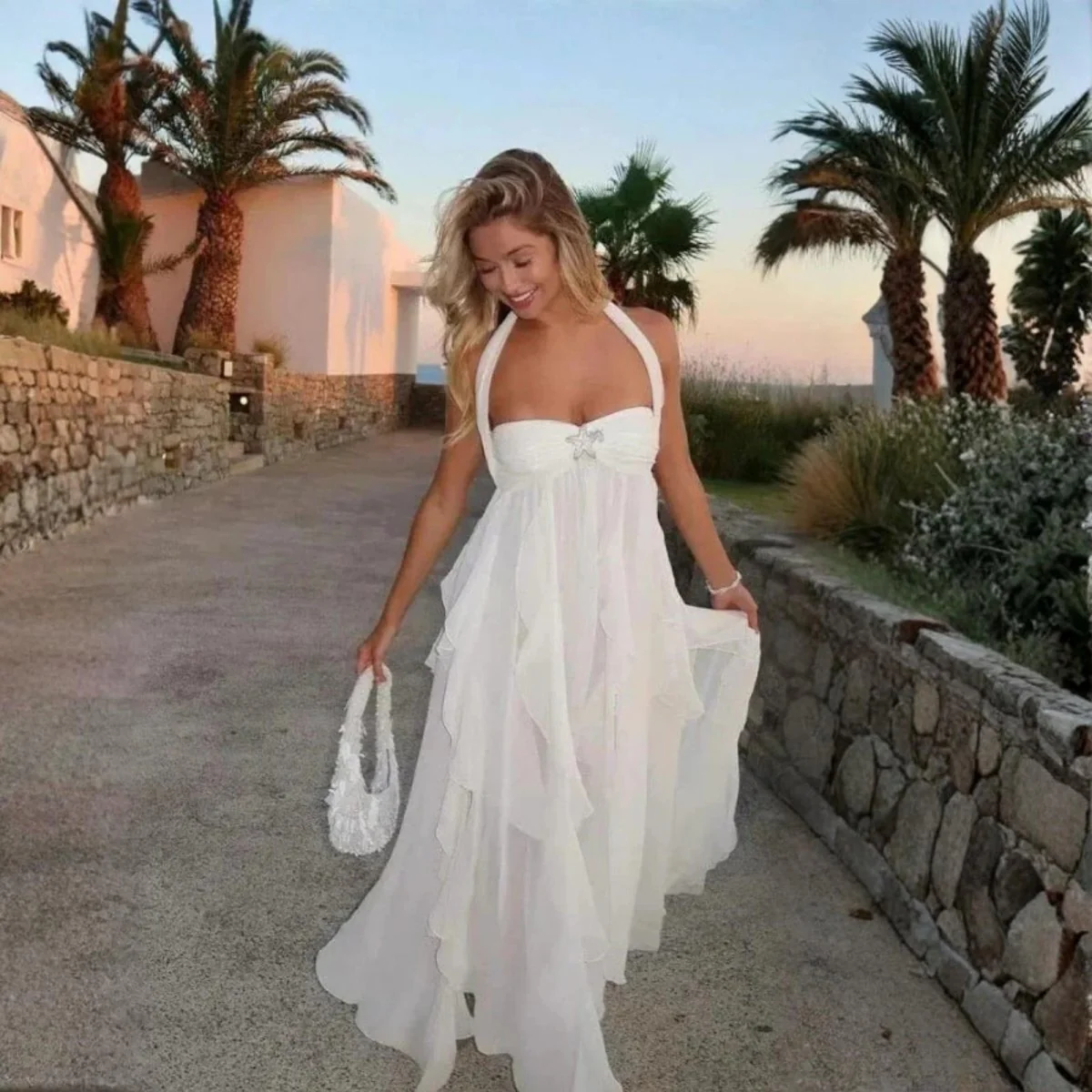 Romilly | Women’s Elegant Maxi Halterneck Wedding guest gown with Handkerchief Hem - Image 6