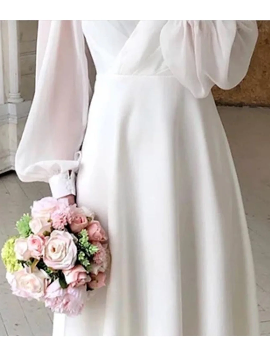 Rosie | Women’s Classic White Midi Wedding Dress with Puff Sleeves - Image 3