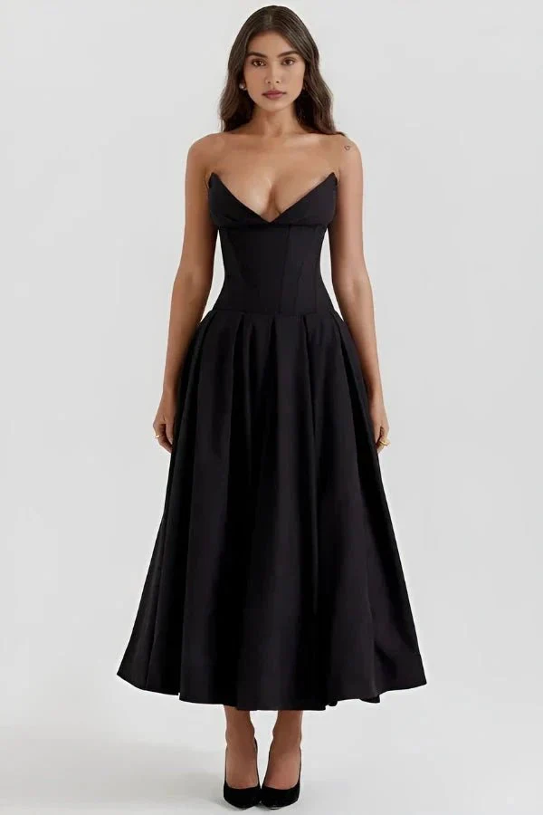 Scarlett | Women’s Elegant Strapless Midi Wedding Guest Dress with Sweetheart Neckline