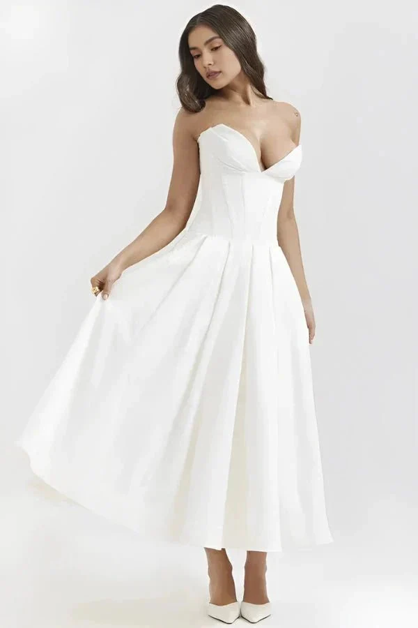 Scarlett | Women’s Elegant Strapless Midi Wedding Guest Dress with Sweetheart Neckline - Image 10