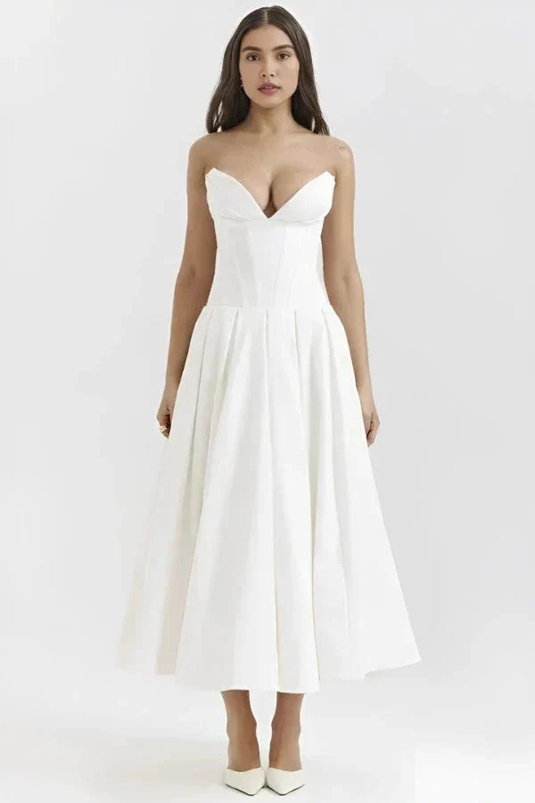 Scarlett | Women’s Elegant Strapless Midi Wedding Guest Dress with Sweetheart Neckline - Image 11