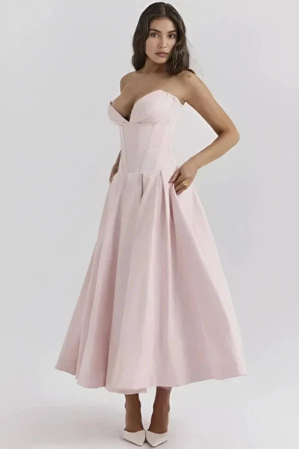 Scarlett | Women’s Elegant Strapless Midi Wedding Guest Dress with Sweetheart Neckline - Image 13