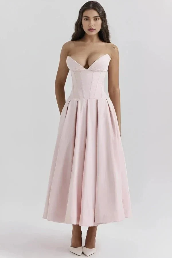 Scarlett | Women’s Elegant Strapless Midi Wedding Guest Dress with Sweetheart Neckline - Image 14
