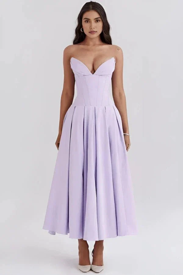 Scarlett | Women’s Elegant Strapless Midi Wedding Guest Dress with Sweetheart Neckline - Image 17