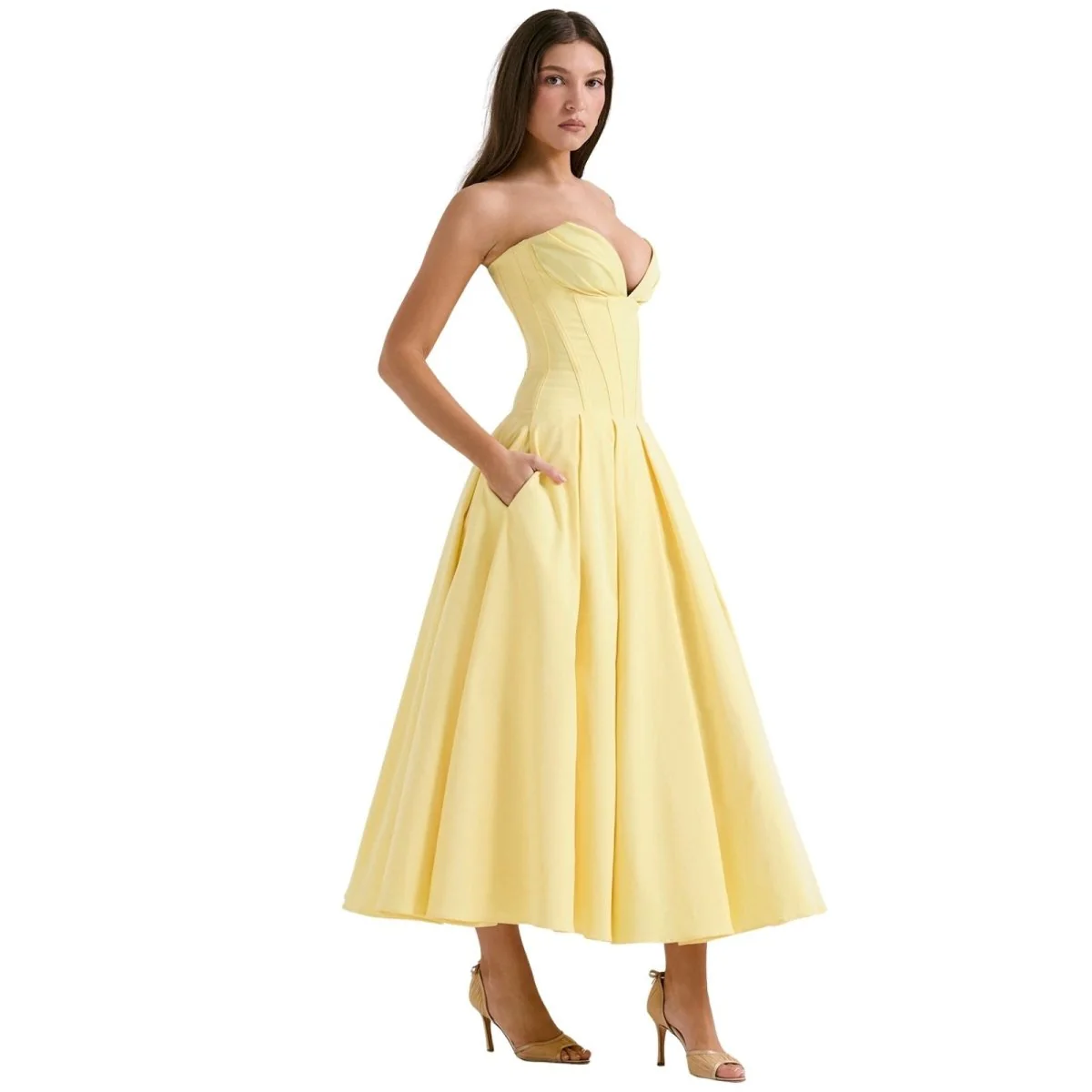 Scarlett | Women’s Elegant Strapless Midi Wedding Guest Dress with Sweetheart Neckline - Image 22
