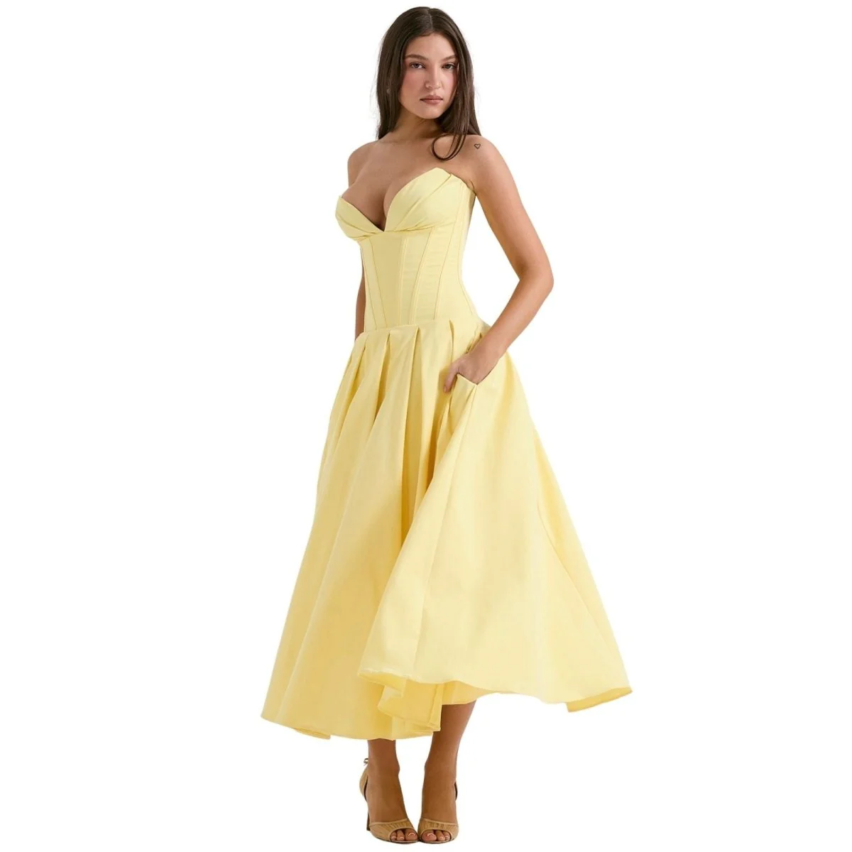 Scarlett | Women’s Elegant Strapless Midi Wedding Guest Dress with Sweetheart Neckline - Image 26