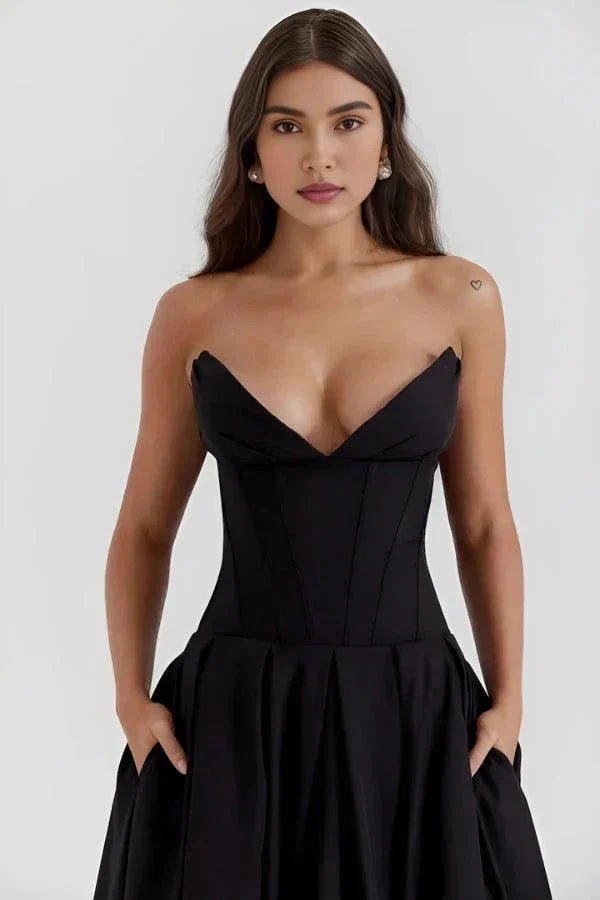 Scarlett | Women’s Elegant Strapless Midi Wedding Guest Dress with Sweetheart Neckline - Image 3