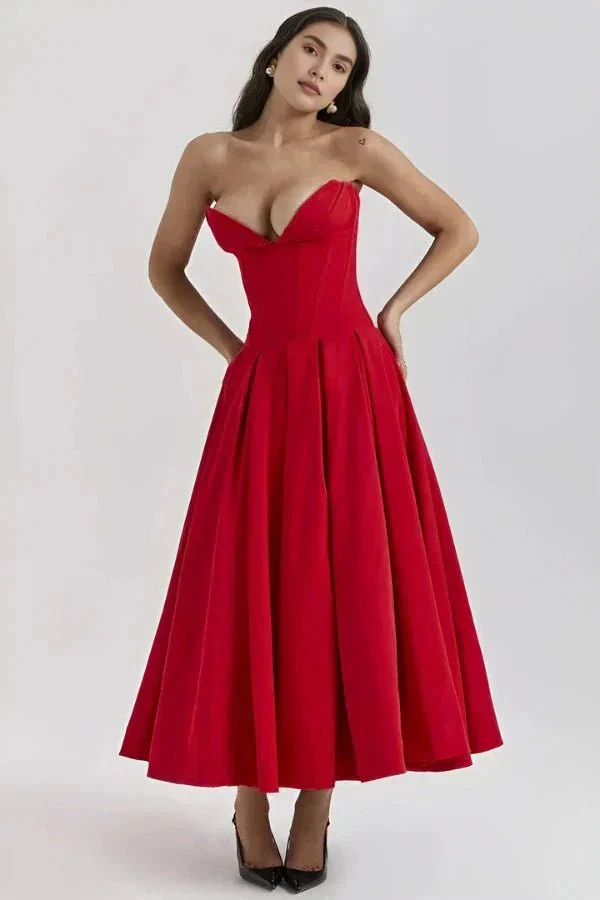 Scarlett | Women’s Elegant Strapless Midi Wedding Guest Dress with Sweetheart Neckline - Image 4