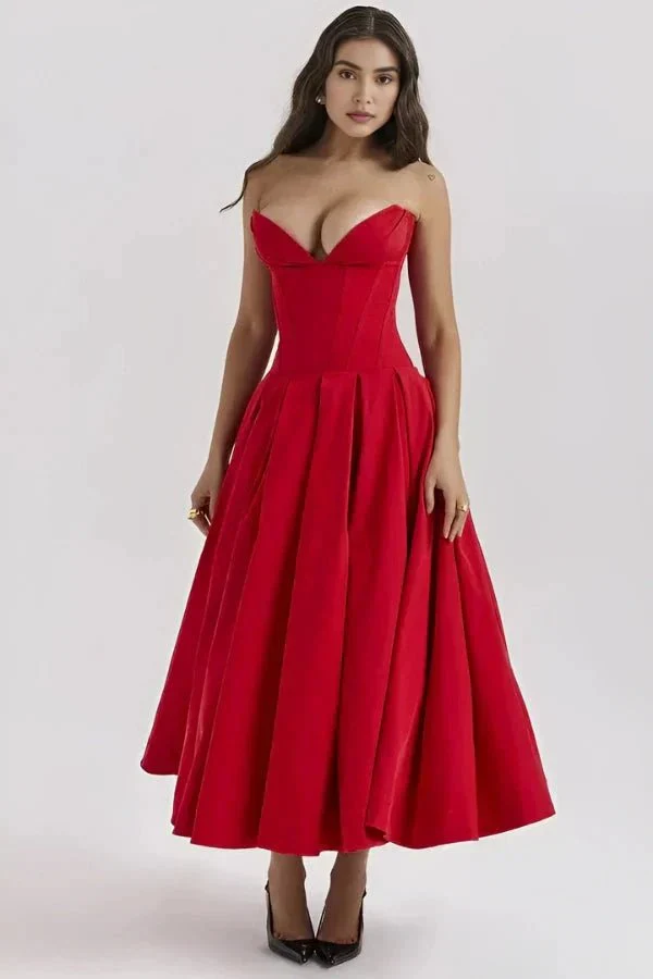 Scarlett | Women’s Elegant Strapless Midi Wedding Guest Dress with Sweetheart Neckline - Image 6