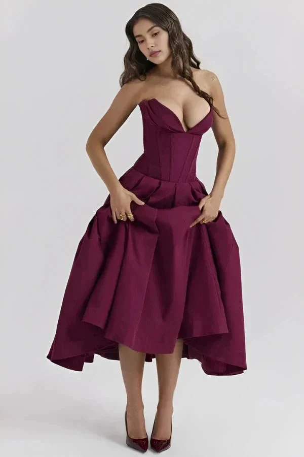 Scarlett | Women’s Elegant Strapless Midi Wedding Guest Dress with Sweetheart Neckline - Image 8