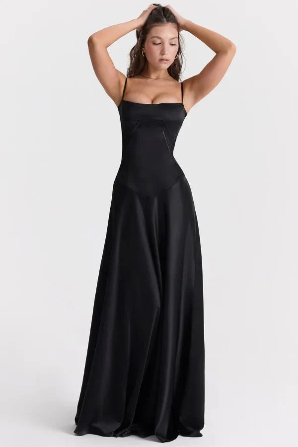 Zoe | Women’s Elegant Black Maxi Wedding Guest Dress with Spaghetti Straps - Image 2