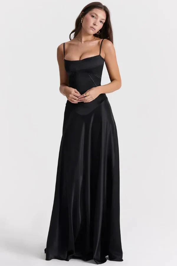 Zoe | Women’s Elegant Black Maxi Wedding Guest Dress with Spaghetti Straps - Image 4