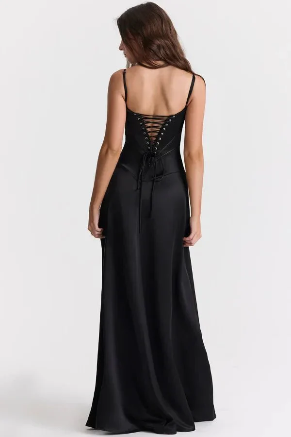 Zoe | Women’s Elegant Black Maxi Wedding Guest Dress with Spaghetti Straps - Image 8