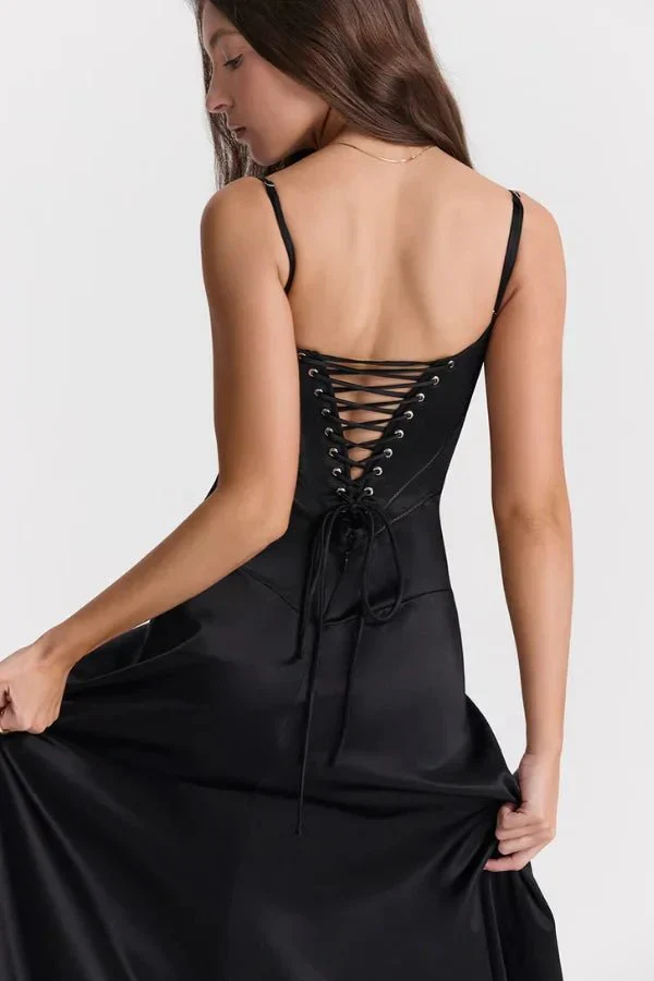Zoe | Women’s Elegant Black Maxi Wedding Guest Dress with Spaghetti Straps - Image 9